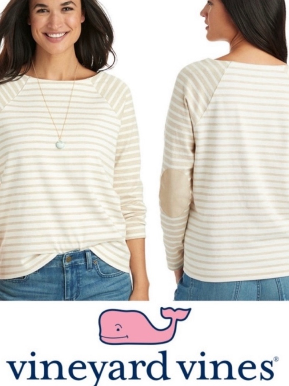 Vineyard Vines Cream and Beige Striped Scoopneck Sweater